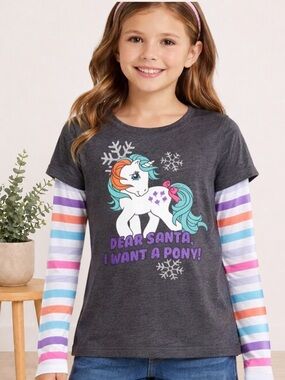My Little Pony Girls Top Size M 7/8 Rainbow Sleeve Graphic Tee Dear Santa…